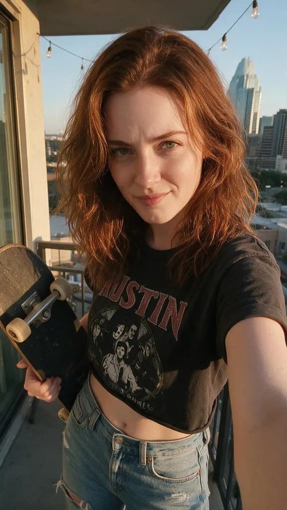 Jade in a cropped Austin band t-shirt holding a skateboard on her balcony at golden hour
