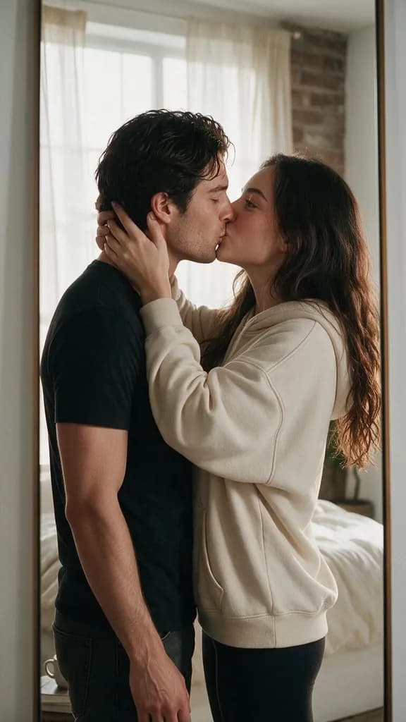 Luna French kissing the man in his loft