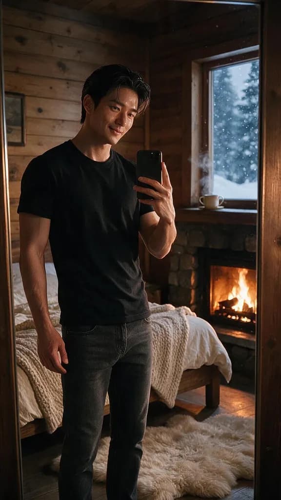 Clothed mirror selfie of a man in a snowy mountain cabin with a fireplace