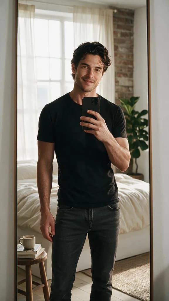 Clothed mirror selfie of a man in a bright loft with an exposed brick wall