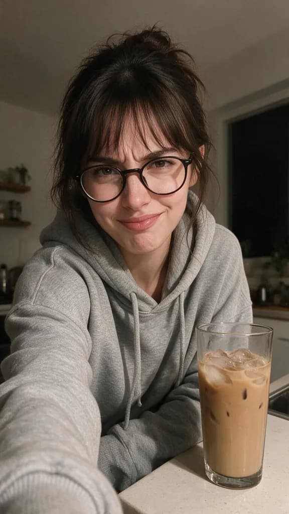 Naomi in glasses and a grey hoodie with an iced coffee in her kitchen late at night