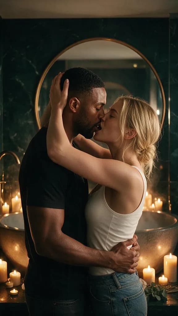 Elsa French kissing the man in his bathroom