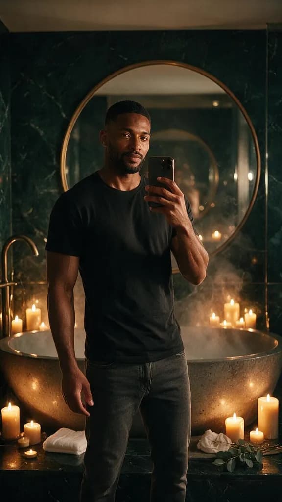 Clothed mirror selfie of a man in a candle lit marble bathroom
